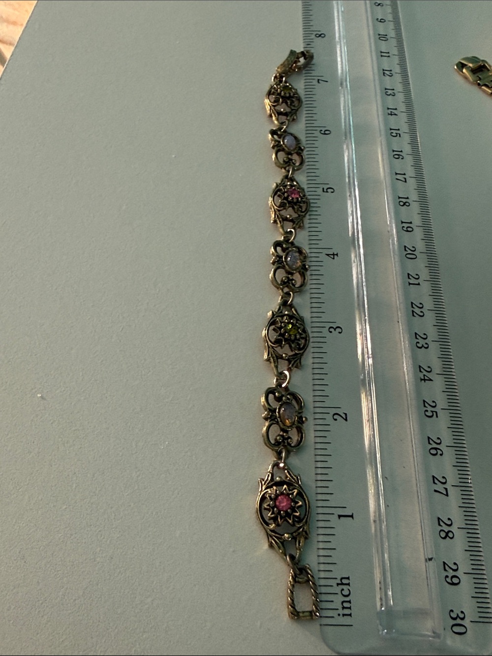 Sarah Coventry Gold-Tone Floral Link Bracelet with Pink and Green Stones